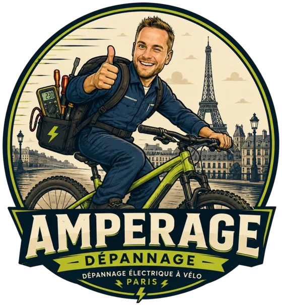 Illustration de Guillaume, électricien Amperage Dépannage, à vélo devant la tour Eiffel