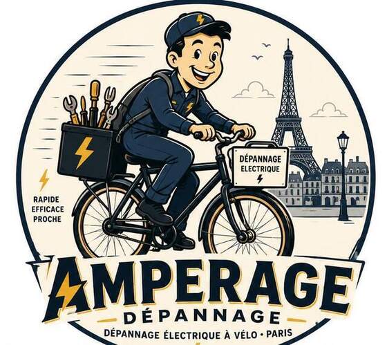 Logo Amperage Dépannage : électricien à vélo devant la tour Eiffel